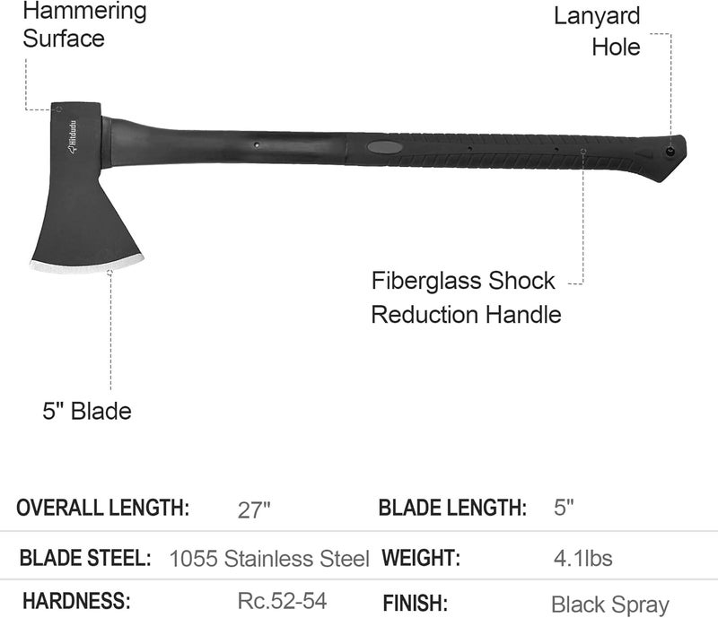 Hitdudu Splitting Axe, 27" Camping Chopping Hatchet for Firewood Splitting, Forged Carbon Steel Heavy Duty Maul, Fiberglass Shock Reduction Handle with Anti-Slip Rubber Grip - Image 2